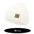 White knitted beanie for kids with golden square smile face patch and Happy Beanies text - S (6-36 Months) / White