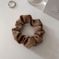 Elegant coffee brown satin silk scrunchie with a glossy finish and pleated texture - Small Khaki (approx. 8CM)