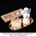 Nordic glass crown candle holder set with angel sculpture and golden metal tray - Transparent Crown Holder + Praying Angel Girl (White) Set