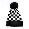 Gorro de punto a cuadros blancos y negros con pompón esponjoso y borde acanalado - M(55-60cm) / Negro