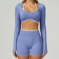 Ensemble de yoga 3 pièces sans couture lilas avec haut licou et short côtelé - S / Long Sleeve+Shorts - Contrast Blue/White