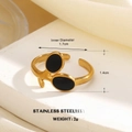 18K gold plated stainless steel open ring with black enamel oval details and 2g weight - Black Double Leaf Style (853G-4)