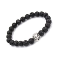 Men's natural black lava stone beaded bracelet featuring a silver lion head charm - Lava + Silver