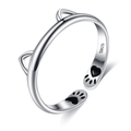 Verstellbarer S925 Sterlingsilber Ring mit Katzenohren und süßen Pfotendetails - Einstellbar Offen / Antiksilber