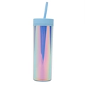 Macro shot of 16oz double wall light blue tumblers with iridescent rainbow finish and straw - 16oz / Blue