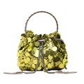 Sparkly sequin bucket bag with silver metal ring handle and chain strap in lime gold - Yellow