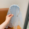 Blue tulle butterfly bow headband with pearl crown and rhinestones for young girls - Sky Blue