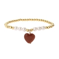 Elegant beaded bracelet with white pearls, gold beads and a red heart stone pendant - Gold Sandstone