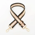 Detail of adjustable nylon bag strap with black, white, and brown stripes and gold buckles - Dark Gray