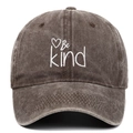 Detailed view of white Be Kind heart embroidery on vintage washed dark brown baseball cap - Coffee