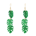 Green monstera leaf layered acrylic drop earrings with elegant golden fish hooks - Monstera Leaf Linked Earrings (11454) / Emerald Green