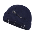 Distressed dark blue knit beanie with metal rings and large safety pin in punk style - 55-58cm / Blue