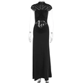 Détail de la robe noire avec col montant en mesh, fronces et découpe sexy à la taille - S / Noir