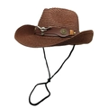 Brown straw cowboy hat with wide brim, silver bull head ornament and windproof rope - M(56-58cm) / Coffee