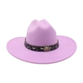 Lavender purple wool felt fedora with wide brim and lion head metal badge decoration - Taro Purple