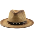 Classic straw fedora hat with black leather band and gold metal studs decoration - M (56-58cm) / Solid Tan (05)