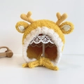 Cozy yellow knitted baby bonnet with cute reindeer antlers and ear protection flaps - Yellow Deer - Lined
