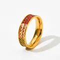 Gouden roestvrijstalen ring met drie rijen levendige, vierkant geslepen gekleurde kristallen - US 6 / Goud(KBJ013)