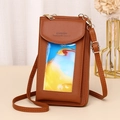 Brown PU leather crossbody phone bag with touch screen window and adjustable strap - Dark Brown
