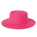 Detail of rose red straw boater hat with fine spiral woven texture and flat top - Adjustable / Rose Red