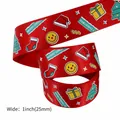 1-inch red Christmas ribbon with festive Santa patterns for gift wrapping and DIY crafts - Red Christmas Elements Mix (Style 9)