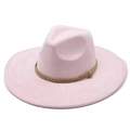 Detail eines rosa Fedora-Huts mit Wildlederstruktur und gewebtem khakifarbenem Banddekor - M(56-59CM) / Hellrosa (Wildlederimitat)