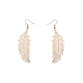 Detailed view of gold feather drop earrings with intricate hollow metal textures - Gold Plated