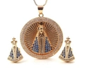Parure religieuse avec pendentif Vierge Marie dorée et boucles d'oreilles en cristal bleu - Ensemble NC04-4 (Collier + Boucles d'oreilles)