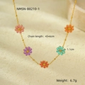 Macro detail of 18K gold-plated chain with colorful pink and purple enamel daisy pendants - 18K Gold / 43+6cm / Multi-color Daisy (NMSN-B8210-1)