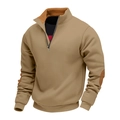 Men's khaki half-zip sweatshirt with brown suede elbow patches and high collar - S / Khaki