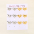 Detailed set of 6 pairs of gold and silver stainless steel heart stud earrings on a card - 6 Pairs/Card / Gold & Steel Style (KE116836-HR)