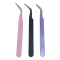 Three precision curved eyelash tweezers in pink, black, and purple colors with metal tips - Tweezers
