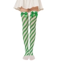 Detailed view of green and white striped thigh high socks with a satin bow ornament - Green White Diagonal Striped Socks with Bow