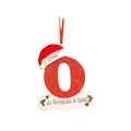 Detail view of red glitter letter O Christmas ornament with personalized Olivia name tag - Letter O