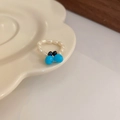 Elegant beaded ring featuring white pearls and blue crystal beads on a ceramic tray - 101# Ring-Blue Round Bead