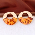 Detail of tortoiseshell acrylic and textured gold metal round earrings on linen - Gold Brown