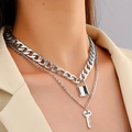 Collier double rangée en argent avec grosse chaîne, pendentif serrure et clé Love - Argent - Double Rang Chaîne Gourmette Cadenas et Clé (2194)