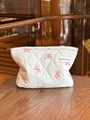 Quilted white cotton cosmetic bag with pink bows and colorful polka dot pattern - Cosmetic Bag - Cotton Padded Pink Bowknot