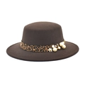 Chapeau vintage marron en laine à bord plat avec ruban léopard, perles et fleur - M (56-58cm) / Café