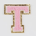 Pink chenille embroidered letter T patch with gold sequins for passport covers - Letter T