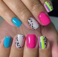 Detailed view of glossy press-on nails featuring blue, pink, leopard print and neon stripes - Yellow Jelly Glue Set (Includes Nail File)