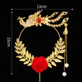 Golden phoenix cake topper with red faux rose and pearl tassels for Chinese wedding decor - Iron Art Phoenix Flower Cake Topper