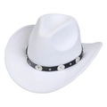 Detailed view of white felt cowboy hat with black leatherette strap and silver studs - M (56-58cm) / White (166-I)