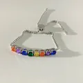 Adjustable silver bolo bracelet featuring eight vibrant rainbow round-cut gemstones - Silver Multicolor Zirconia (SBP448)
