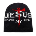 Detail of Jesus Saved My Life text and red cross embroidery on black knit beanie - M(54-60cm) / Black