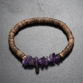 Bohemian coconut shell bead bracelet with irregular purple amethyst stone accents - Purple Crystal