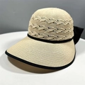 Beige woven straw sun hat with black bow decoration and wavy hollow texture - One Size / Beige