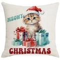 Christmas cat pillow cover with Meowy Christmas text and watercolor gift boxes - Blue-eyed Cat & Gifts-Meowy Christmas