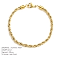4mm 14k gold-plated stainless steel rope chain bracelet with secure lobster clasp - Gold Color (4MM-19CM)
