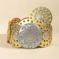 Vintage wide waist belt for women with gold round metal discs and large silver buckle - Antique Silver Gold